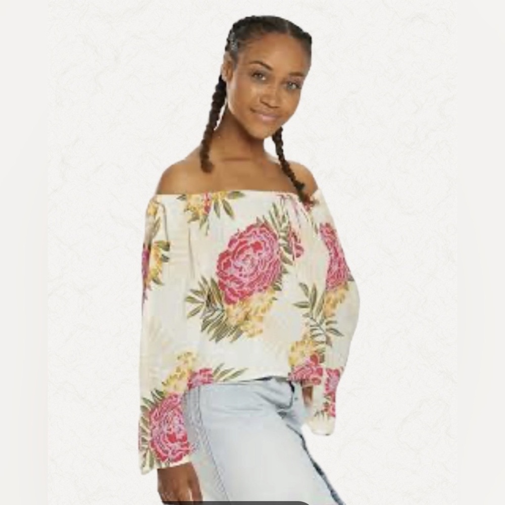 Billabong Light It Up Floral Off Shoulder Crop Top Boho Rayon Blouse Size S
